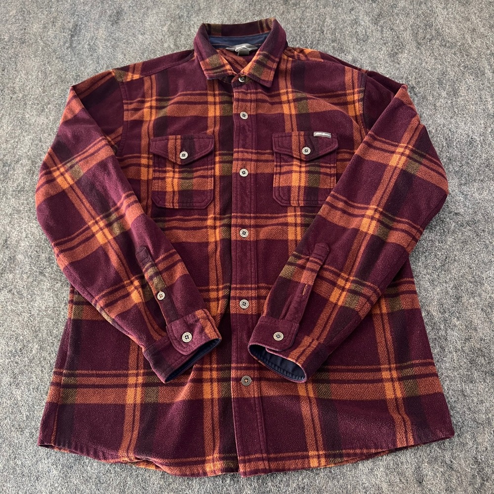 Eddie Bauer Microfleece Button Up‎ Shirt Mens Medium Maroon Orange Flannel Plaid